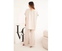 Moteriškas Plus Size komplektas su palaidine ir plačiomis kelnėmis, smėlio spalvos