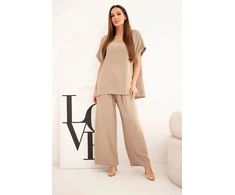 Moteriškas Plus Size komplektas su palaidine ir plačiomis kelnėmis, fango spalvos