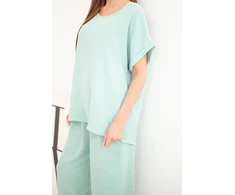 Moteriškas Plus Size komplektas su palaidine ir plačiomis kelnėmis, tamsios mėtų spalvos