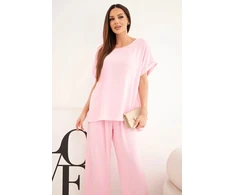 Moteriškas Plus Size komplektas su palaidine ir plačiomis kelnėmis, šviesiai rožinis