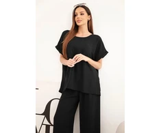 Moteriškas Plus Size komplektas su palaidine ir plačiomis kelnėmis, juodas