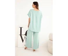 Moteriškas Plus Size komplektas su palaidine ir plačiomis kelnėmis, tamsios mėtų spalvos