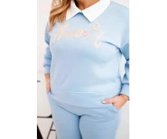 Moteriškas Plus Size komplektas su plačiomis kelnėmis ir apykakle, mėlynos spalvos