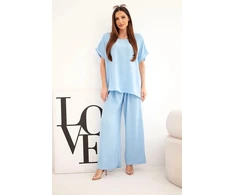 Moteriškas Plus Size komplektas su plačiomis kelnėmis, mėlynas