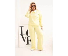 Moteriškas Plus Size komplektas su plačiomis kelnėmis ir apykakle, geltonos spalvos