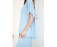 Moteriškas Plus Size komplektas su plačiomis kelnėmis, mėlynas