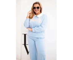 Moteriškas Plus Size komplektas su plačiomis kelnėmis ir apykakle, mėlynos spalvos