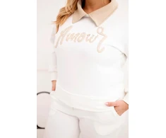 Moteriškas Plus Size komplektas su plačiomis kelnėmis ir apykakle, baltos spalvos