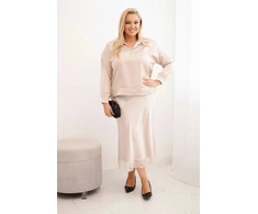 Moteriškas Plus Size komplektas su satino blizgesiu ir nėriniais, smėlio spalvos