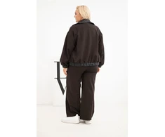 Moteriškas Plus Size komplektas su užtraukiamu džemperiu ir plačiomis kelnėmis, rudas