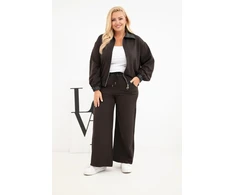 Moteriškas Plus Size komplektas su užtraukiamu džemperiu ir plačiomis kelnėmis, rudas