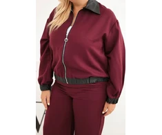 Moteriškas Plus Size komplektas su užtrauktuku ir plačiomis kelnėmis, bordo spalvos