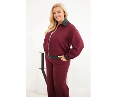 Moteriškas Plus Size komplektas su užtrauktuku ir plačiomis kelnėmis, bordo spalvos