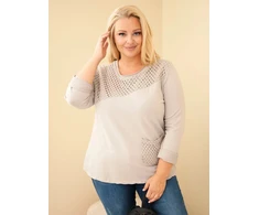 Moteriškas Plus Size medvilninis džemperis su ažūrine įsiuva ir kišene, pilkai smėlio spalvos