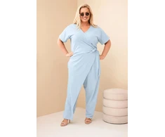 Moteriškas Plus Size medvilninis kombinezonas su surišimu ties juosmeniu, mėlynas