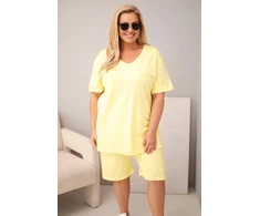 Moteriškas Plus Size medvilninis komplektas su palaidine ir šortais, geltonas
