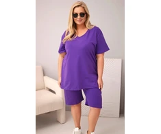 Moteriškas Plus Size medvilninis komplektas su palaidine ir šortais, violetinis