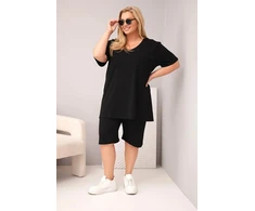 Moteriškas Plus Size medvilninis komplektas su palaidine ir šortais, juodas