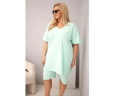 Moteriškas Plus Size medvilninis komplektas su palaidine ir šortais, mėtų spalvos