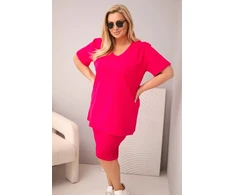 Moteriškas Plus Size medvilninis komplektas su palaidine ir šortais, fuksijos spalvos