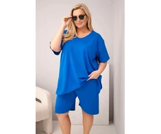 Moteriškas Plus Size medvilninis komplektas su palaidine ir šortais, rugiagėlių mėlynos spalvos