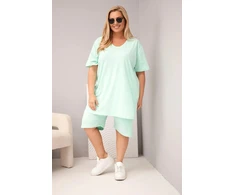 Moteriškas Plus Size medvilninis komplektas su palaidine ir šortais, mėtų spalvos