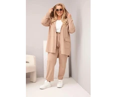 Moteriškas Plus Size medvilninis laisvalaikio komplektas su džemperiu ir kelnėmis, smėlio spalvos