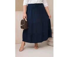 Moteriškas Plus Size medvilninis mušelino sijonas su raukiniais ir tampriu juosmeniu, tamsiai mėlynas