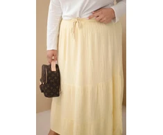 Moteriškas Plus Size medvilninis muslino sijonas su raukinuku ir gumyte, geltonas