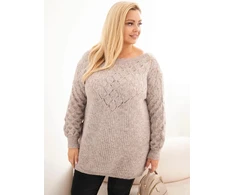 Moteriškas Plus Size megztinis su ažūriniu raštu, rudos spalvos