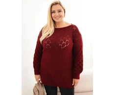 Moteriškas Plus Size megztinis su ažūriniu raštu, burgundiškas