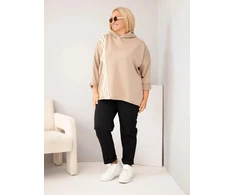 Moteriškas Plus Size megztinis su gobtuvu ir dekoratyvinėmis juostomis, smėlio spalvos