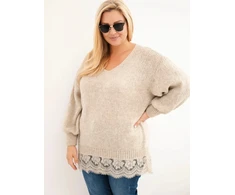 Moteriškas Plus Size megztinis su nėriniu apačioje, tamsiai smėlio spalvos
