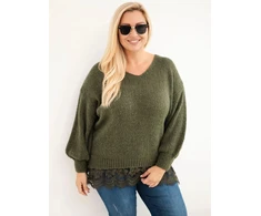Moteriškas Plus Size megztinis su nėrinių apačia, chaki spalvos