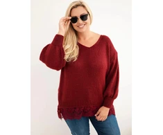 Moteriškas Plus Size megztinis su nėriniuota apačia, bordo spalvos