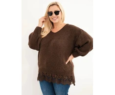 Moteriškas Plus Size megztinis su nėriniuota apačia, rudos spalvos