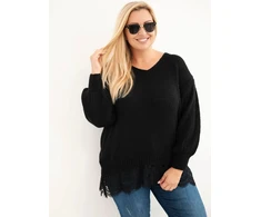 Moteriškas Plus Size megztinis su nėriniuota apačia, juodos spalvos