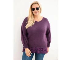 Moteriškas Plus Size megztinis su nėriniuotu apačios kraštu, tamsiai violetinis