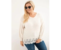 Moteriškas Plus Size megztinis su nėriniuotu apačios kraštu, šviesiai smėlio spalvos