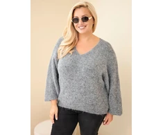Moteriškas Plus Size megztinis su V formos iškirpte, pilkas