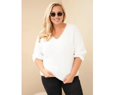 Moteriškas Plus Size megztinis su V formos iškirpte, ekru spalvos