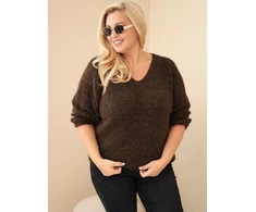 Moteriškas Plus Size megztinis su V formos iškirpte, rudas