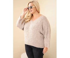 Moteriškas Plus Size megztinis su V iškirpte, tamsiai smėlio spalvos