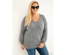 Moteriškas Plus Size megztinis su vilna ir V iškirpte, pilkos spalvos