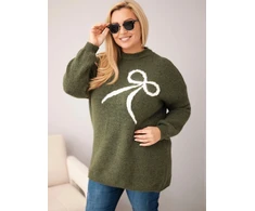Moteriškas Plus Size megztinis su vilna ir kaspinu, chaki spalvos