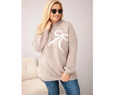Moteriškas Plus Size megztinis su vilna ir kaspinu, kapučino spalvos