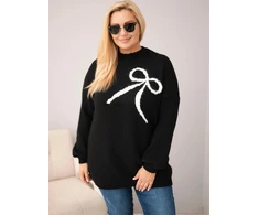 Moteriškas Plus Size megztinis su vilna ir kaspinu, juodos spalvos