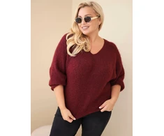 Moteriškas Plus Size megztinis V formos iškirpte, burgundiškos spalvos