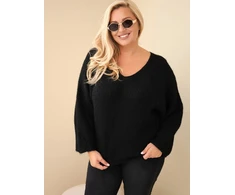 Moteriškas Plus Size megztinis V iškirpte, juodos spalvos