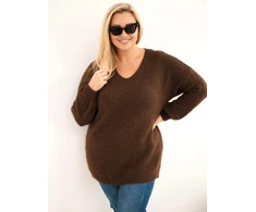 Moteriškas Plus Size megztinis V iškirpte, rudos spalvos